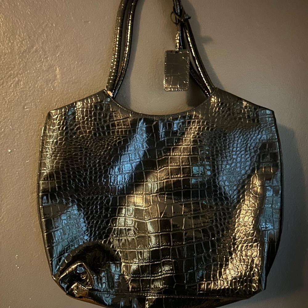 Neiman Marcus Black Croc-Embossed Patent Tote with Matching Tag